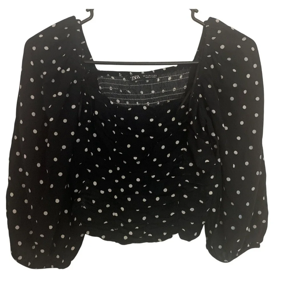 Zara Women Polka Dot Blouse Puff Sleeve Cropped Smocked Ruched Crop Top Black S